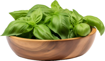 AI generated fresh basil leaves in a wooden bowl png