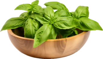 AI generated fresh basil leaves in a wooden bowl png