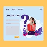 Contact page for feedback, website page, customer claim interface, support form to communication, service call, email and message. Vector illustration