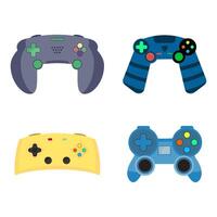 Video game entertainment to fun, game device computer, electronic wireless play pad for arcade, vector joystick button flat collection, illustration gadget joypad