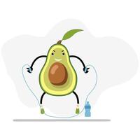 aguacate saltar con salto a la comba soga, sano y útil. aguacate dibujos animados, deporte ejercicio, sano orgánico, activo ejercicio y concepto vegetariano mascota, vector ilustración