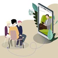Online psychologist talks to group of patients. Illustration psychologist and patients. Vector psychology online, character person communication and counseling