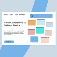 Video conferencing and webinar service landing page. Application interface for communication remotly, education meeting and seminar network. Vector illustration business conferencing and video call