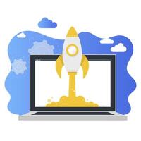 Launch rocket from laptop, business startup concept. Innovation project, spaceship form keyboard, spacecraft and rocketship takeoff. Vector illustration