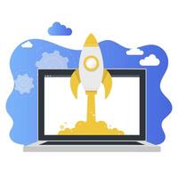 Launch rocket from laptop, business startup concept. Innovation project, spaceship form keyboard, spacecraft and rocketship takeoff. Vector illustration