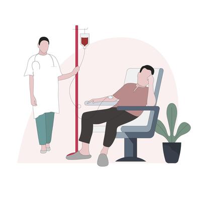 Blood donation concept vector, plasma transfusion process. Illustration donor supply blood to safe life, patient do blood test to check health, person drip in laboratory