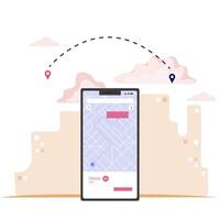 GPS mobile application for find correct way. Navigation mobile route to location, application for travel, cartography on smartphone, guide route search. Vector illustration