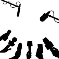 Black silhouette press conference or tv broadcasting. Set of microphones holded by hands of correspondents. Concept of mass news and journalism, banner for speech interviewer, illustration vector