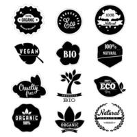 Eco friendly badge label in black white. Organic natural product, eco quality, cruelty free, bio and vegan logo. Vector vegetarian and veggie illustration also use for packaging