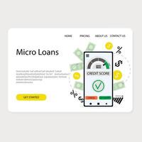 Micro loan financial bank sevice landing page. Vector immediately loan, business indicator report to get mortgage, excellent performance to quickly loan illustration