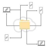 User device cloud network connect to public folder, cooperation and synchronization. Vector illustration. virtual cooperation, business unions, mass mailing of information, online communication