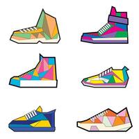 Collection of triangular sneakers, modern design for running jogging, recycled shoes. Vector, illustration. unusual design, bright abstract design, art in modern clothes, triangles vector