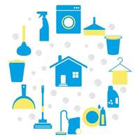 Household icons cleaning and washing house, wipe dust and vacuum floor, mop and wash dishes. Cleaning devices, blue appliances for home cleaning, cleanliness at home, illustration vector