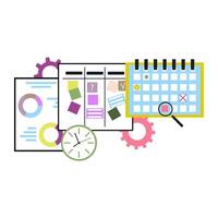 ágil negocio concepto, planeando y analizar hora calendario y utilizando fecha límite a calendario, metodología de administración puesta en marcha, tarea tablero Kanban, vector ilustración