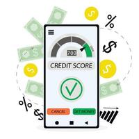 Positive credit score to micro loan or get credit. Vector business banking application for payment or take mortgage, excellent performance rating illustration