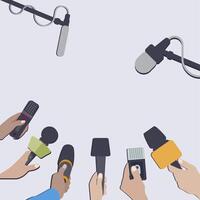 Press conference and interview, journalism broadcasting, recorder and microphone, reporter communication, banner for news and report. Vector illustration