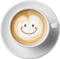 ai généré Haut vue blanc tasse de latté art avec une content sourire visage png