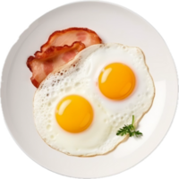 ai generado parte superior ver de frito huevos y tocino desayuno en blanco plato png