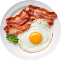 ai gerado topo Visão do frito ovos e bacon café da manhã em branco prato png