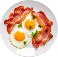 ai gerado topo Visão do frito ovos e bacon café da manhã em branco prato png