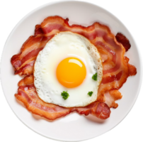 ai gerado topo Visão do frito ovos e bacon café da manhã em branco prato png