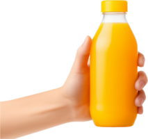 ai gegenereerd hand- Holding fles van oranje sap PNG