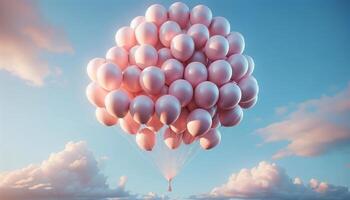 AI generated A bunch of pastel pink balloons floating high in the blue sky background, soft delicate pink, valentine mood, month of love, coy space for text or advertising, generative ai photo