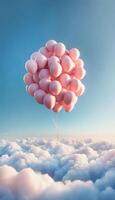 AI generated A bunch of pastel pink balloons floating high in the blue sky background, soft delicate pink, valentine mood, month of love, coy space for text or advertising, generative ai photo