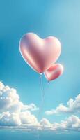 AI generated Two heart shaped pastel pink balloons floating high in the blue sky background, soft delicate pink, valentine mood, month of love, coy space for text or advertising, vertical, photo