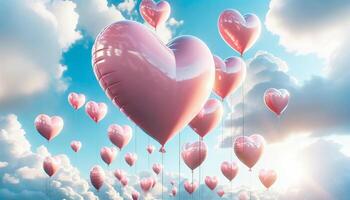 ai generado manojo de corazón conformado pastel rosado globos flotante alto en el azul cielo fondo, suave delicado rosa, enamorado ánimo, tímido espacio para texto o publicidad, generativo ai foto