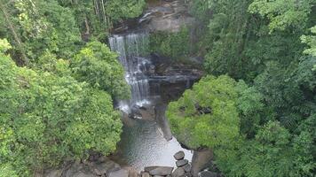 atterrissage près cascade dans jungle forêt video