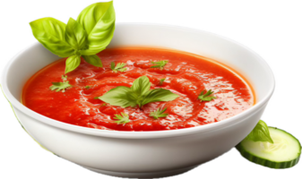 AI generated tomato soup with fresh basil and cucumber png