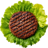 ai généré Haut vue de grillé Hamburger sur salade feuille png