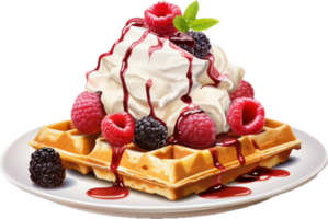 AI generated belgium waffles with berries and ice cream png