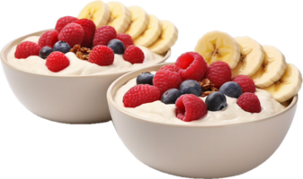 ai generato mandorla burro e frutti di bosco prima colazione ciotole con Banana e Yogurt png