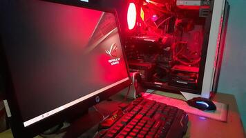 Gaming PC with red LED light on the computer photo