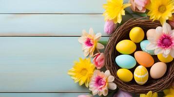 AI generated background for easter season with multicolored eggs, flowers, wood and space for placing texts photo