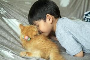 un pequeño asiático chico Besos un pequeño naranja gatito. foto