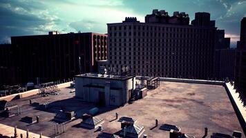 Two contrasting buildings, one large and one tall, standing side by side video