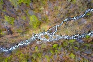 Top view from drone of two rapids of a mountain river. Nature background photo