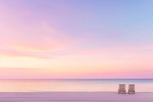 AI generated Serenity at Sunset, Beach Landscape with Empty Chairs photo