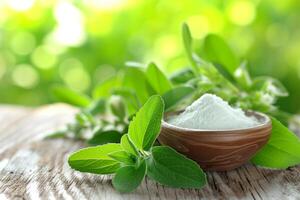 AI generated Stevia Leaves and Powdered Sweetener on Wooden Table in Garden photo