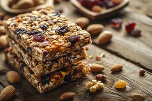 AI generated Delicious Fruit and Nut Bars on Wooden Surface - Healthy Snack photo