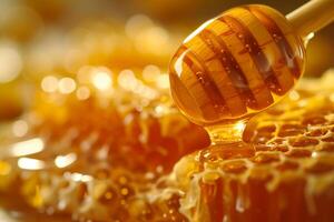 AI generated Natural Golden Honey Dripping from Wooden Dipper - Closeup Shot photo