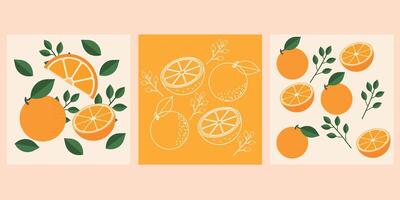 Collection modern abstract prints with oranges and leaves. Modern art print. Set of citrus tropical fruits. Summer vector design for cards, invitations, posters, banners.