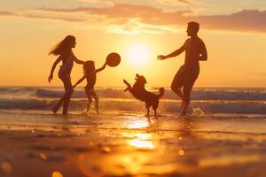 ai generado familia y perro jugando en playa a puesta de sol foto