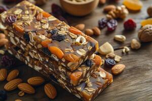 AI generated Delicious Fruit and Nut Bars on Wooden Surface - Healthy Snack photo