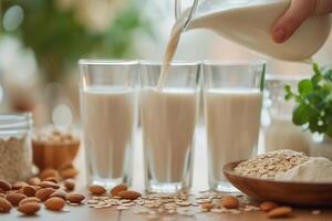 AI generated Healthy Milk Alternatives. Almond, Soy, and Oat in Elegant Glass Bottles photo