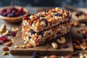 AI generated Delicious Fruit and Nut Bars on Wooden Surface - Healthy Snack photo