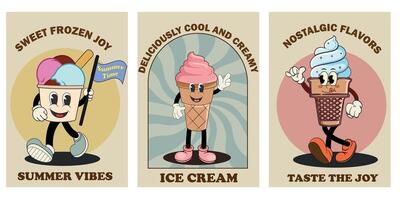 conjunto de retro dibujos animados hielo crema caracteres carteles vector ilustración. gracioso postre mascota en retro estilo nostalgia años 60, años 70, años 80 cómic personaje, eslogan, citas y otro elementos para restaurante